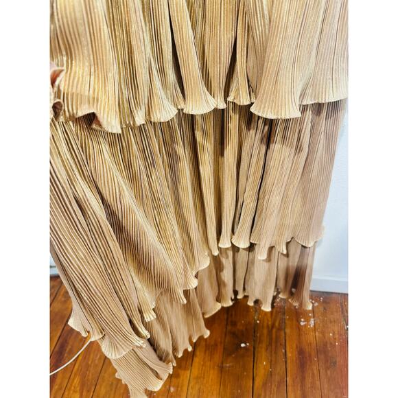 MAC DUGGAL Gold Metallic Plissé Square Neck Pleated Ruffle Belt Detail Dress 8 - Picture 16 of 16